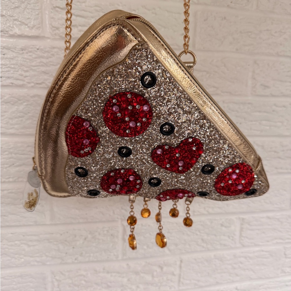 Betsey Johnson Gold Glitter Pizza Slice Crossbody Bag with Red Sequin Toppings